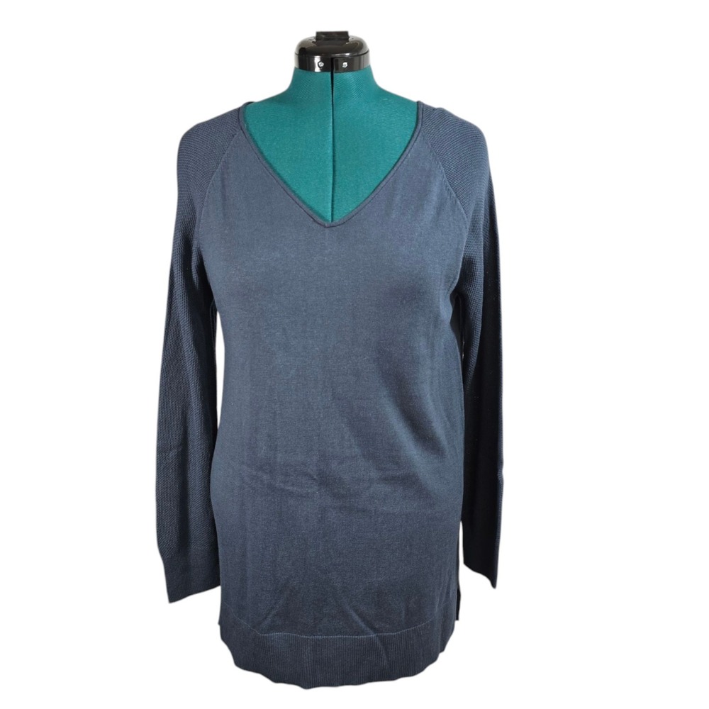 LOFT Outlet Sweater Womens Large Blue Cotton Rayon V-Neck Tunic Textured Classic